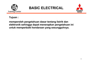 1
Training Center
BASIC ELECTRICAL
memperoleh pengetahuan dasar tentang listrik dan
elektronik sehingga dapat menerapkan pengetahuan ini
untuk memperbaiki kendaraan yang sesungguhnya.
Tujuan :
 