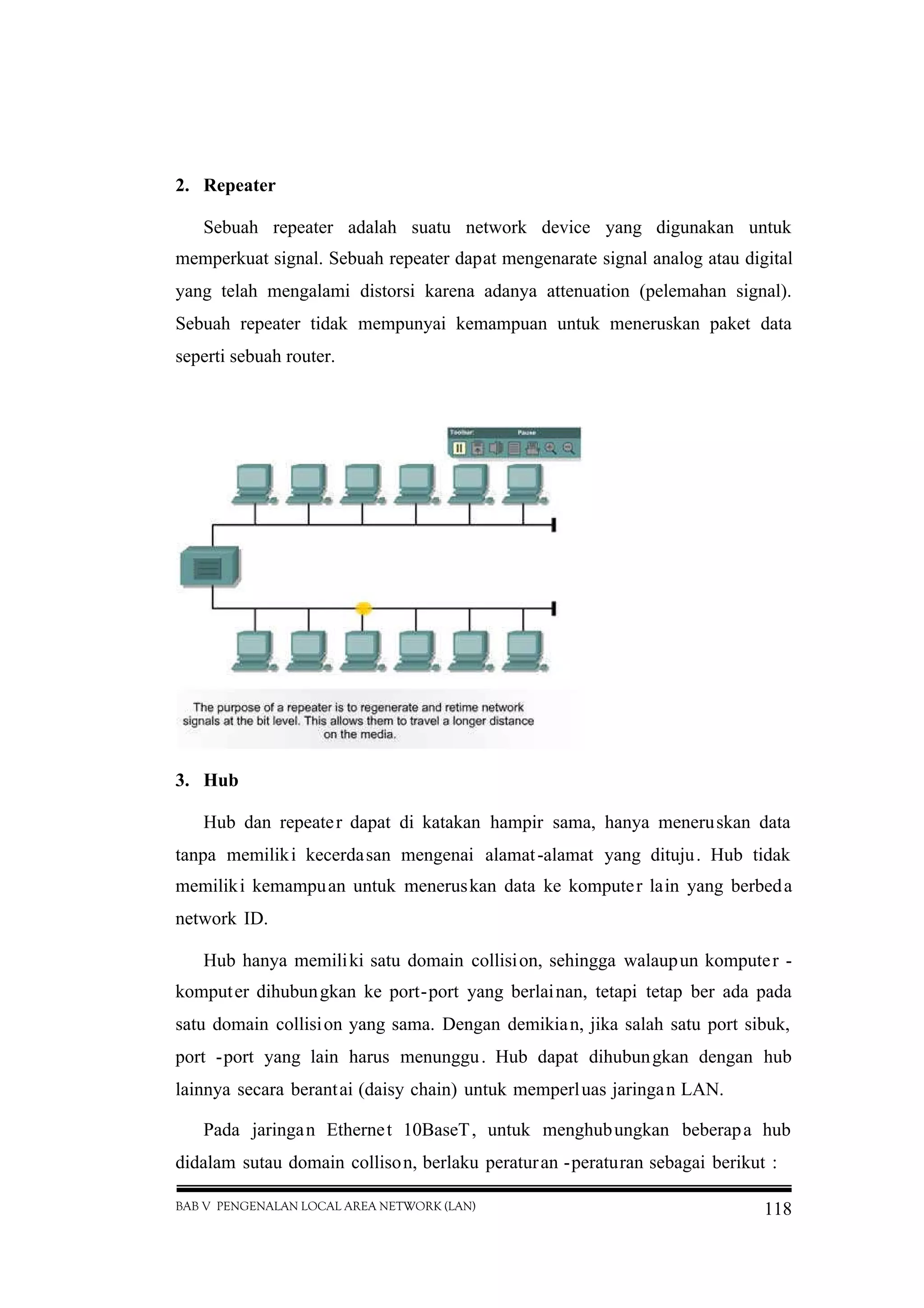 BAB V PENGENALAN LOCAL AREA NETWORK (LAN) 118
2. Repeater
Sebuah repeater adalah suatu network device yang digunakan untuk
memperkuat signal. Sebuah repeater dapat mengenarate signal analog atau digital
yang telah mengalami distorsi karena adanya attenuation (pelemahan signal).
Sebuah repeater tidak mempunyai kemampuan untuk meneruskan paket data
seperti sebuah router.
3. Hub
Hub dan repeater dapat di katakan hampir sama, hanya meneruskan data
tanpa memiliki kecerdasan mengenai alamat-alamat yang dituju. Hub tidak
memiliki kemampuan untuk meneruskan data ke komputer lain yang berbeda
network ID.
Hub hanya memiliki satu domain collision, sehingga walaupun komputer -
komputer dihubungkan ke port-port yang berlainan, tetapi tetap ber ada pada
satu domain collision yang sama. Dengan demikian, jika salah satu port sibuk,
port -port yang lain harus menunggu. Hub dapat dihubungkan dengan hub
lainnya secara berantai (daisy chain) untuk memperluas jaringan LAN.
Pada jaringan Ethernet 10BaseT, untuk menghubungkan beberapa hub
didalam sutau domain collison, berlaku peraturan -peraturan sebagai berikut :
 