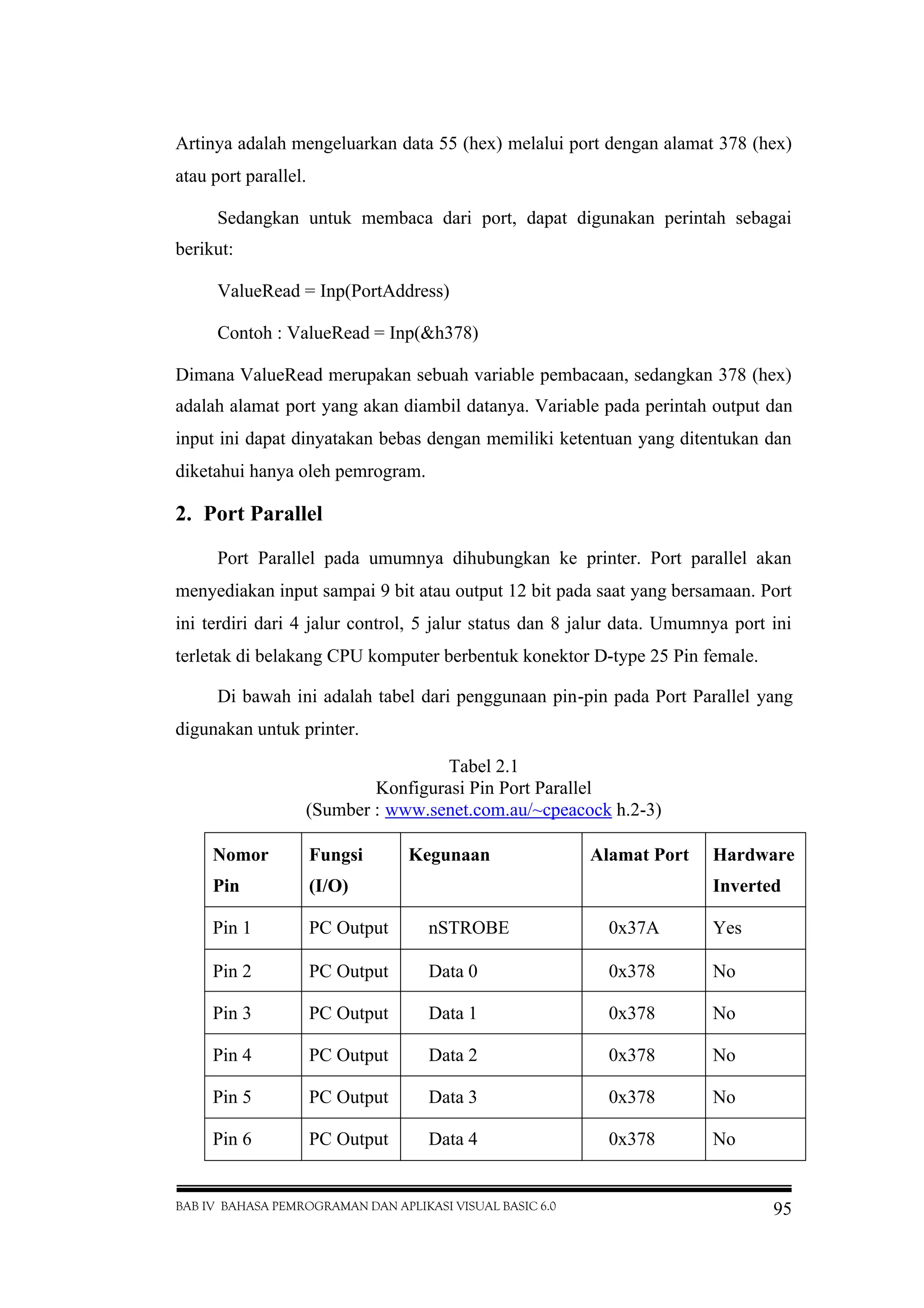 BAB IV BAHASA PEMROGRAMAN DAN APLIKASI VISUAL BASIC 6.0 95
Artinya adalah mengeluarkan data 55 (hex) melalui port dengan alamat 378 (hex)
atau port parallel.
Sedangkan untuk membaca dari port, dapat digunakan perintah sebagai
berikut:
ValueRead = Inp(PortAddress)
Contoh : ValueRead = Inp(&h378)
Dimana ValueRead merupakan sebuah variable pembacaan, sedangkan 378 (hex)
adalah alamat port yang akan diambil datanya. Variable pada perintah output dan
input ini dapat dinyatakan bebas dengan memiliki ketentuan yang ditentukan dan
diketahui hanya oleh pemrogram.
2. Port Parallel
Port Parallel pada umumnya dihubungkan ke printer. Port parallel akan
menyediakan input sampai 9 bit atau output 12 bit pada saat yang bersamaan. Port
ini terdiri dari 4 jalur control, 5 jalur status dan 8 jalur data. Umumnya port ini
terletak di belakang CPU komputer berbentuk konektor D-type 25 Pin female.
Di bawah ini adalah tabel dari penggunaan pin-pin pada Port Parallel yang
digunakan untuk printer.
Nomor
Pin
Fungsi
(I/O)
Kegunaan Alamat Port Hardware
Inverted
Pin 1 PC Output nSTROBE 0x37A Yes
Pin 2 PC Output Data 0 0x378 No
Pin 3 PC Output Data 1 0x378 No
Pin 4 PC Output Data 2 0x378 No
Pin 5 PC Output Data 3 0x378 No
Pin 6 PC Output Data 4 0x378 No
Tabel 2.1
Konfigurasi Pin Port Parallel
(Sumber : www.senet.com.au/~cpeacock h.2-3)
 