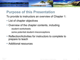 Purpose of this Presentation List of chapter objectives Overview of the chapter contents, including  student worksheets some potential student misconceptions Reflection/Activities for instructors to complete to prepare to teach Additional resources To provide to instructors an overview of Chapter 1: 