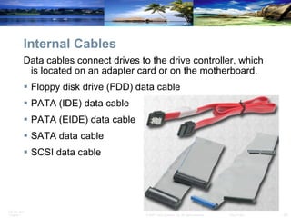 Internal Cables Data cables connect drives to the drive controller, which is located on an adapter card or on the motherboard.  Floppy disk drive (FDD) data cable PATA (IDE) data cable PATA (EIDE) data cable SATA data cable SCSI data cable 