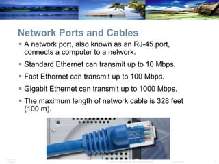Network Ports and Cables A network port, also known as an RJ-45 port, connects a computer to a network.  Standard Ethernet can transmit up to 10 Mbps. Fast Ethernet can transmit up to 100 Mbps. Gigabit Ethernet can transmit up to 1000 Mbps.  The maximum length of network cable is 328 feet (100 m). 