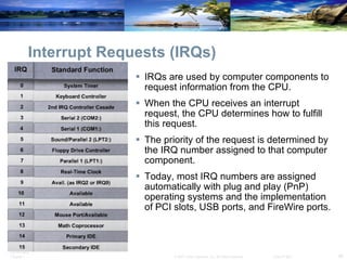 Interrupt Requests (IRQs) IRQs are used by computer components to request information from the CPU.  When the CPU receives an interrupt request, the CPU determines how to fulfill this request.  The priority of the request is determined by the IRQ number assigned to that computer component.  Today, most IRQ numbers are assigned automatically with plug and play (PnP) operating systems and the implementation of PCI slots, USB ports, and FireWire ports. 