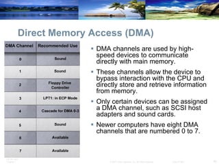 Direct Memory Access (DMA) DMA channels are used by high-speed devices to communicate directly with main memory.  These channels allow the device to bypass interaction with the CPU and directly store and retrieve information from memory.  Only certain devices can be assigned a DMA channel, such as SCSI host adapters and sound cards.  Newer computers have eight DMA channels that are numbered 0 to 7. 