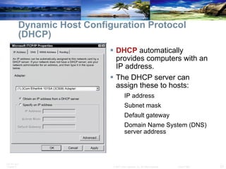 Dynamic Host Configuration Protocol  (DHCP) DHCP  automatically provides computers with an IP address. The DHCP server can assign these to hosts: IP address Subnet mask Default gateway Domain Name System (DNS) server address  