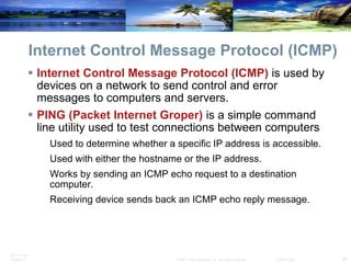 Internet Control Message Protocol (ICMP) Internet Control Message Protocol (ICMP)  is used by devices on a network to send control and error messages to computers and servers.  PING (Packet Internet Groper)  is a simple command line utility used to test connections between computers Used to determine whether a specific IP address is accessible. Used with either the hostname or the IP address. Works by sending an ICMP echo request to a destination computer. Receiving device sends back an ICMP echo reply message. 
