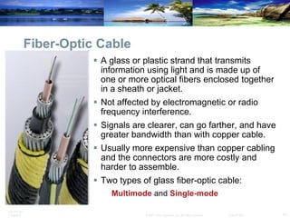 Fiber-Optic Cable A glass or plastic strand that transmits information using light and is made up of one or more optical fibers enclosed together in a sheath or jacket.  Not affected by electromagnetic or radio frequency interference. Signals are clearer, can go farther, and have greater bandwidth than with copper cable. Usually more expensive than copper cabling and the connectors are more costly and harder to assemble. Two types of glass fiber-optic cable: Multimode  and  Single-mode 