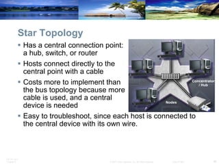 Star Topology Has a central connection point:  a hub, switch, or router Hosts connect directly to the  central point with a cable Costs more to implement than  the bus topology because more  cable is used, and a central  device is needed Easy to troubleshoot, since each host is connected to the central device with its own wire. 