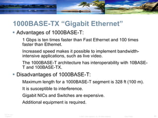 1000BASE-TX “Gigabit Ethernet” Advantages of 1000BASE-T: 1 Gbps is ten times faster than Fast Ethernet and 100 times faster than Ethernet. Increased speed makes it possible to implement bandwidth-intensive applications, such as live video. The 1000BASE-T architecture has interoperability with 10BASE-T and 100BASE-TX.  Disadvantages of 1000BASE-T: Maximum length for a 1000BASE-T segment is 328 ft (100 m). It is susceptible to interference. Gigabit NICs and Switches are expensive. Additional equipment is required. 