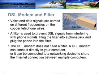 DSL Modem and Filter Voice and data signals are carried  on different frequencies on the  copper telephone wires. A filter is used to prevent DSL signals from interfering with phone signals. Plug the filter into a phone jack and plug the phone into the filter. The DSL modem does not need a filter. A DSL modem can connect directly to your computer, or it can be connected to a networking device to share the Internet connection between multiple computers. 