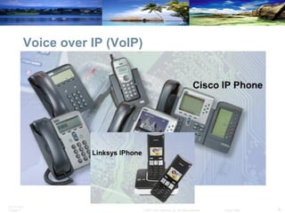 Is a method used to carry telephone calls over data networks and the Internet. Converts the analog signals of voices into digital information that is transported in IP packets. Can also use an existing IP network to provide access to the public switched telephone network (PSTN). Depends on a reliable Internet connection. When a service interruption occurs the user cannot make phone calls.  Voice over IP (VoIP) 
