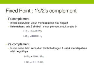 Fixed Point : 1’s/2’s complement
• 1’s complement
• Invers seluruh bit untuk mendapatkan nilai negatif
• Kelemahan : ada 2 simbol 1’s complement untuk angka 0
• 2’s complement
• Invers seluruh bit kemudian tambah dengan 1 untuk mendapatkan
nilai negatifnya
 