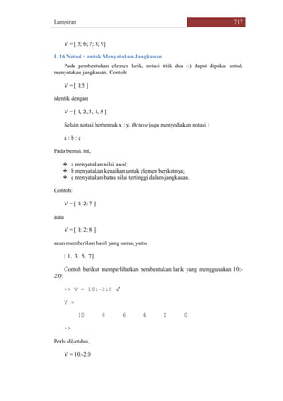 Lampiran 717
V = [ 5; 6; 7; 8; 9]
L.16 Notasi : untuk Menyatakan Jangkauan
Pada pembentukan elemen larik, notasi titik dua (:) dapat dipakai untuk
menyatakan jangkauan. Contoh:
V = [ 1:5 ]
identik dengan
V = [ 1, 2, 3, 4, 5 ]
Selain notasi berbentuk x : y, Octave juga menyediakan notasi :
a : b : c
Pada bentuk ini,
 a menyatakan nilai awal;
 b menyatakan kenaikan untuk elemen berikutnya;
 c menyatakan batas nilai tertinggi dalam jangkauan.
Contoh:
V = [ 1: 2: 7 ]
atau
V = [ 1: 2: 8 ]
akan memberikan hasil yang sama, yaitu
[ 1, 3, 5, 7]
Contoh berikut memperlihatkan pembentukan larik yang menggunakan 10:-
2:0:
>> V = 10:-2:0 
V =
10 8 6 4 2 0
>>
Perlu diketahui,
V = 10:-2:0
 