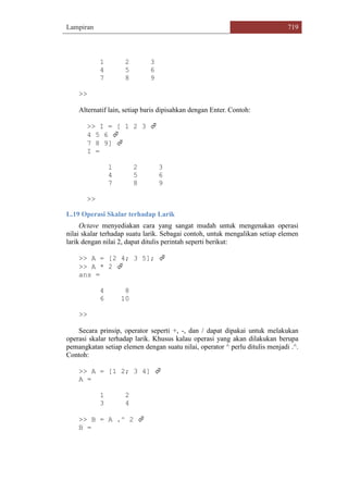 Lampiran 719
1 2 3
4 5 6
7 8 9
>>
Alternatif lain, setiap baris dipisahkan dengan Enter. Contoh:
>> I = [ 1 2 3 
4 5 6 
7 8 9] 
I =
1 2 3
4 5 6
7 8 9
>>
L.19 Operasi Skalar terhadap Larik
Octave menyediakan cara yang sangat mudah untuk mengenakan operasi
nilai skalar terhadap suatu larik. Sebagai contoh, untuk mengalikan setiap elemen
larik dengan nilai 2, dapat ditulis perintah seperti berikut:
>> A = [2 4; 3 5]; 
>> A * 2 
ans =
4 8
6 10
>>
Secara prinsip, operator seperti +, -, dan / dapat dipakai untuk melakukan
operasi skalar terhadap larik. Khusus kalau operasi yang akan dilakukan berupa
pemangkatan setiap elemen dengan suatu nilai, operator ^ perlu ditulis menjadi .^.
Contoh:
>> A = [1 2; 3 4] 
A =
1 2
3 4
>> B = A .^ 2 
B =
 