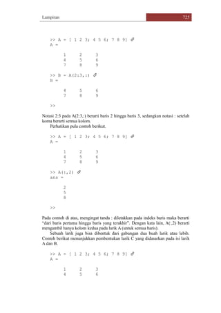 Lampiran 725
>> A = [ 1 2 3; 4 5 6; 7 8 9] 
A =
1 2 3
4 5 6
7 8 9
>> B = A(2:3,:) 
B =
4 5 6
7 8 9
>>
Notasi 2:3 pada A(2:3,:) berarti baris 2 hingga baris 3, sedangkan notasi : setelah
koma berarti semua kolom.
Perhatikan pula contoh berikut.
>> A = [ 1 2 3; 4 5 6; 7 8 9] 
A =
1 2 3
4 5 6
7 8 9
>> A(:,2) 
ans =
2
5
8
>>
Pada contoh di atas, mengingat tanda : diletakkan pada indeks baris maka berarti
“dari baris pertama hingga baris yang terakhir”. Dengan kata lain, A(:,2) berarti
mengambil hanya kolom kedua pada larik A (untuk semua baris).
Sebuah larik juga bisa dibentuk dari gabungan dua buah larik atau lebih.
Contoh berikut menunjukkan pembentukan larik C yang didasarkan pada isi larik
A dan B.
>> A = [ 1 2 3; 4 5 6; 7 8 9] 
A =
1 2 3
4 5 6
 