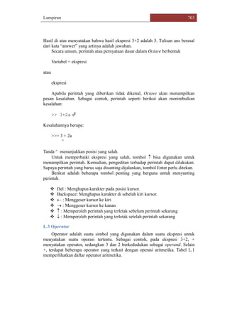 Lampiran 703
Hasil di atas menyatakan bahwa hasil ekspresi 3+2 adalah 5. Tulisan ans berasal
dari kata “answer” yang artinya adalah jawaban.
Secara umum, perintah atau pernyataan dasar dalam Octave berbentuk
Variabel = ekspresi
atau
ekspresi
Apabila perintah yang diberikan tidak dikenal, Octave akan menampilkan
pesan kesalahan. Sebagai contoh, perintah seperti berikut akan menimbulkan
kesalahan:
>> 3+2a 
Kesalahannya berupa:
>>> 3 + 2a
^
Tanda ^ menunjukkan posisi yang salah.
Untuk memperbaiki ekspresi yang salah, tombol  bisa digunakan untuk
menampilkan perintah. Kemudian, pengeditan terhadap perintah dapat dilakukan.
Supaya perintah yang barus saja disunting dijalankan, tombol Enter perlu ditekan.
Berikut adalah beberapa tombol penting yang berguna untuk menyunting
perintah.
 Del : Menghapus karakter pada posisi kursor.
 Backspace: Menghapus karakter di sebelah kiri kursor.
  : Menggeser kursor ke kiri
  : Menggeser kursor ke kanan
  : Memperoleh perintah yang terletak sebelum perintah sekarang
  : Memperoleh perintah yang terletak setelah perintah sekarang
L.3 Operator
Operator adalah suatu simbol yang digunakan dalam suatu ekspresi untuk
menyatakan suatu operasi tertentu. Sebagai contoh, pada ekspresi 3+2, +
menyatakan operator, sedangkan 3 dan 2 berkedudukan sebagai operand. Selain
+, terdapat beberapa operator yang terkait dengan operasi aritmetika. Tabel L.1
memperlihatkan daftar operator aritmetika.
 