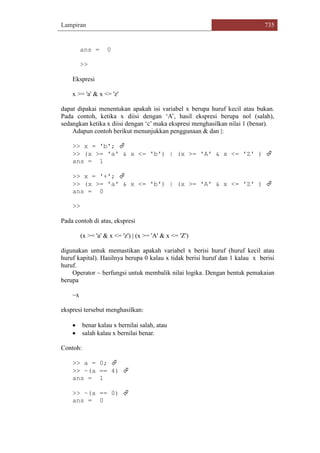 Lampiran 735
ans = 0
>>
Ekspresi
x >= 'a' & x <= 'z'
dapat dipakai menentukan apakah isi variabel x berupa huruf kecil atau bukan.
Pada contoh, ketika x diisi dengan „A‟, hasil ekspresi berupa nol (salah),
sedangkan ketika x diisi dengan „c‟ maka ekspresi menghasilkan nilai 1 (benar).
Adapun contoh berikut menunjukkan penggunaan & dan |:
>> x = 'b'; 
>> (x >= 'a' & x <= 'b') | (x >= 'A' & x <= 'Z' ) 
ans = 1
>> x = '+'; 
>> (x >= 'a' & x <= 'b') | (x >= 'A' & x <= 'Z' ) 
ans = 0
>>
Pada contoh di atas, ekspresi
(x >= 'a' & x <= 'z') | (x >= 'A' & x <= 'Z')
digunakan untuk memastikan apakah variabel x berisi huruf (huruf kecil atau
huruf kapital). Hasilnya berupa 0 kalau x tidak berisi huruf dan 1 kalau x berisi
huruf.
Operator ~ berfungsi untuk membalik nilai logika. Dengan bentuk pemakaian
berupa
~x
ekspresi tersebut menghasilkan:
 benar kalau x bernilai salah, atau
 salah kalau x bernilai benar.
Contoh:
>> a = 0; 
>> ~(a == 4) 
ans = 1
>> ~(a == 0) 
ans = 0
 