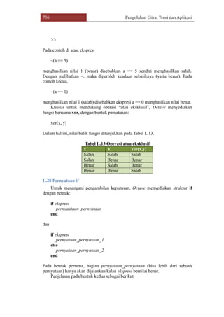 736 Pengolahan Citra, Teori dan Aplikasi
>>
Pada contoh di atas, ekspresi
~(a == 5)
menghasilkan nilai 1 (benar) disebabkan a == 5 sendiri menghasilkan salah.
Dengan melibatkan ~, maka diperoleh keadaan sebaliknya (yaitu benar). Pada
contoh kedua,
~(a == 0)
menghasilkan nilai 0 (salah) disebabkan ekspresi a == 0 menghasilkan nilai benar.
Khusus untuk mendukung operasi “atau eksklusif”, Octave menyediakan
fungsi bernama xor, dengan bentuk pemakaian:
xor(x, y)
Dalam hal ini, nilai balik fungsi ditunjukkan pada Tabel L.13.
Tabel L.13 Operasi atau eksklusif
x Y xor(x,y)
Salah Salah Salah
Salah Benar Benar
Benar Salah Benar
Benar Benar Salah
L.28 Pernyataan if
Untuk menangani pengambilan keputusan, Octave menyediakan struktur if
dengan bentuk:
if ekspresi
pernyaataan_pernyataan
end
dan
if ekspresi
pernyataan_pernyataan_1
else
pernyataan_pernyataan_2
end
Pada bentuk pertama, bagian pernyataan_pernyataan (bisa lebih dari sebuah
pernyataan) hanya akan dijalankan kalau ekspresi bernilai benar.
Penjelasan pada bentuk kedua sebagai berikut.
 