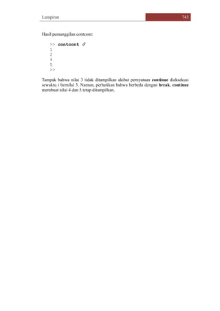 Lampiran 743
Hasil pemanggilan contcont:
>> contcont 
1
2
4
5
>>
Tampak bahwa nilai 3 tidak ditampilkan akibat pernyataan continue dieksekusi
sewaktu i bernilai 3. Namun, perhatikan bahwa berbeda dengan break, continue
membuat nilai 4 dan 5 tetap ditampilkan.
 