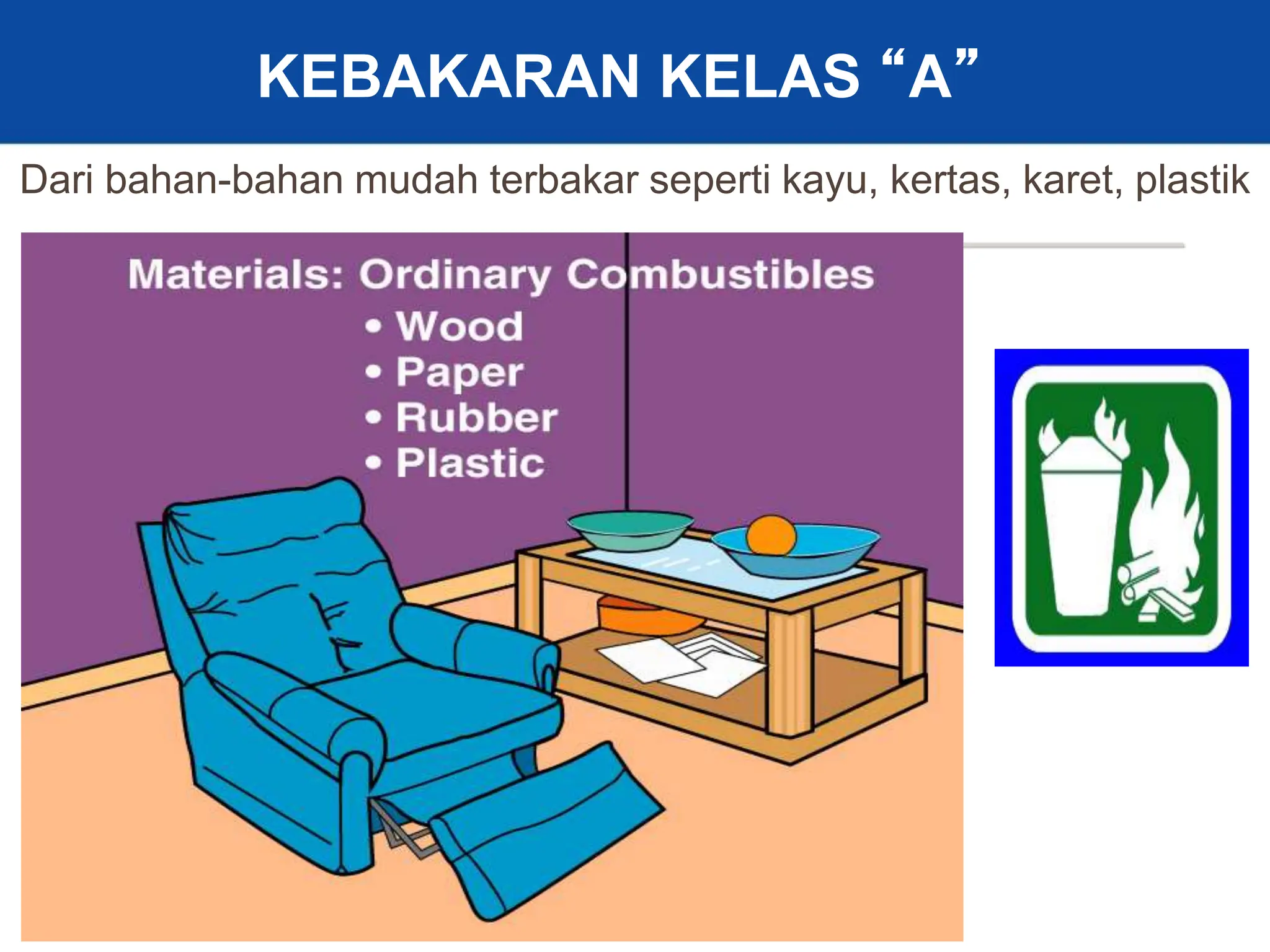 13
KEBAKARAN KELAS “A”
Dari bahan-bahan mudah terbakar seperti kayu, kertas, karet, plastik
 