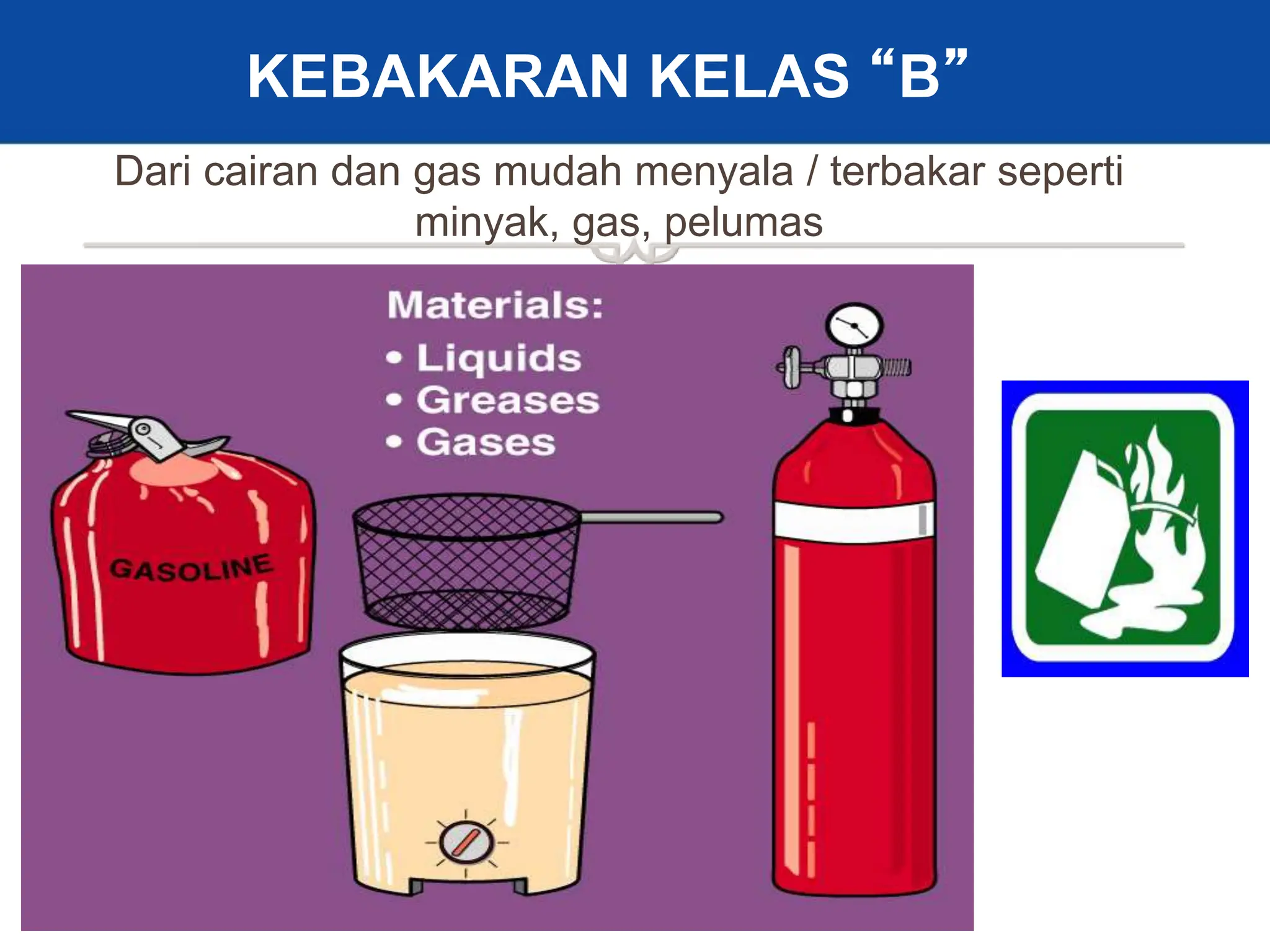 14
KEBAKARAN KELAS “B”
Dari cairan dan gas mudah menyala / terbakar seperti
minyak, gas, pelumas
 