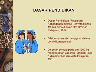 DASAR PENDIDIKAN
• Dasar Pendidikan (Pelajaran)
Kebangsaan melalui Penyata Razak
1956 & dimaktubkan dlm Ordinan
Pelajaran, 1957.
• Dilaksanakan utk mengganti sistem
pendidikan penjajah.
• Disemak semula pada thn 1960 yg
menghasilkan Laporan Rahman Talib
& dimaktubkan dlm Akta Pelajaran,
1961.
 