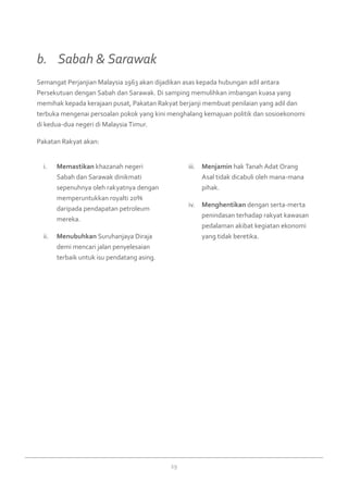 29
Memastikani.	 khazanah negeri
Sabah dan Sarawak dinikmati
sepenuhnya oleh rakyatnya dengan
memperuntukkan royalti 20%
daripada pendapatan petroleum
mereka.
Menubuhkanii.	 Suruhanjaya Diraja
demi mencari jalan penyelesaian
terbaik untuk isu pendatang asing.
Menjaminiii.	 hak Tanah Adat Orang
Asal tidak dicabuli oleh mana-mana
pihak.
Menghentikaniv.	 dengan serta-merta
penindasan terhadap rakyat kawasan
pedalaman akibat kegiatan ekonomi
yang tidak beretika.
Semangat Perjanjian Malaysia 1963 akan dijadikan asas kepada hubungan adil antara
Persekutuan dengan Sabah dan Sarawak. Di samping memulihkan imbangan kuasa yang
memihak kepada kerajaan pusat, Pakatan Rakyat berjanji membuat penilaian yang adil dan
terbuka mengenai persoalan pokok yang kini menghalang kemajuan politik dan sosioekonomi
di kedua-dua negeri di Malaysia Timur.
Pakatan Rakyat akan:
b. 	 Sabah & Sarawak
 