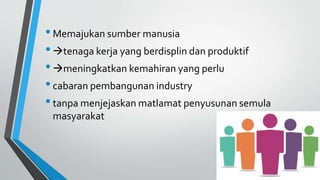 •Memajukan sumber manusia
•tenaga kerja yang berdisplin dan produktif
•meningkatkan kemahiran yang perlu
•cabaran pembangunan industry
•tanpa menjejaskan matlamat penyusunan semula
masyarakat
 