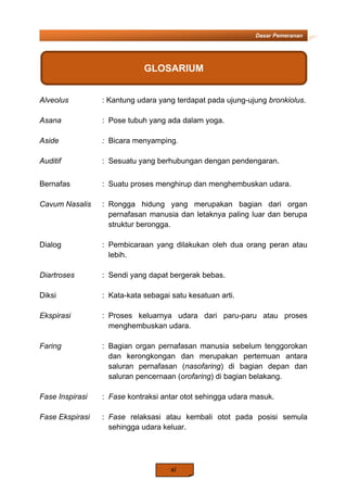 xi
Dasar Pemeranan
Alveolus : Kantung udara yang terdapat pada ujung-ujung bronkiolus.
Asana : Pose tubuh yang ada dalam yoga.
Aside : Bicara menyamping.
Auditif : Sesuatu yang berhubungan dengan pendengaran.
Bernafas : Suatu proses menghirup dan menghembuskan udara.
Cavum Nasalis : Rongga hidung yang merupakan bagian dari organ
pernafasan manusia dan letaknya paling luar dan berupa
struktur berongga.
Dialog : Pembicaraan yang dilakukan oleh dua orang peran atau
lebih.
Diartroses : Sendi yang dapat bergerak bebas.
Diksi : Kata-kata sebagai satu kesatuan arti.
Ekspirasi : Proses keluarnya udara dari paru-paru atau proses
menghembuskan udara.
Faring : Bagian organ pernafasan manusia sebelum tenggorokan
dan kerongkongan dan merupakan pertemuan antara
saluran pernafasan (nasofaring) di bagian depan dan
saluran pencernaan (orofaring) di bagian belakang.
Fase Inspirasi : Fase kontraksi antar otot sehingga udara masuk.
Fase Ekspirasi : Fase relaksasi atau kembali otot pada posisi semula
sehingga udara keluar.
GLOSARIUM
 