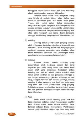 96 Direktorat Pembinaan SMK 2013
Dasar Pemeranan
dialog pasti terjadi aksi dan reaksi, dan kunci dari dialog
adalah mendengarkan apa yang dibicarakan.
Pemeran teater tradisi tidak menghafal dialog
yang tertulis di naskah lakon, tetapi dialog yang
dilakukan bersumber pada aksi reaksi antar peran.
Proses aksi reaksi dalam dialog memerlukan
pengolahan kata guna menjawab atau mempertanyakan
sesuatu sehingga tersusun sebuah cerita. Latihan dialog
yang baik adalah tidak menyiapkan teks lakon yang ada,
tetapi lebih mengolah aksi reaksi dalam berbicara,
sehingga terjadi dialog yang wajar dan tidak dibuat-buat.
(2) Monolog
Monolog adalah pembicaraan panjang seorang
tokoh di hadapan tokoh lain, dan hanya ia sendiri yang
berbicara. Dalam monolog, tokoh bisa mengungkapkan
pendapat mengenai persoalan yang dihadapi, sikap
dalam menerima persoalan atau pandangan hidup.
Monolog mampu mengungkap karakter tokoh.
(3) Solilokui
Solilokui adalah sejenis monolog yang
menampilkan tokoh berbicara sendiri dan berisi
ungkapan jiwa yang paling dalam atau berisi keluh
kesah tokoh yang dimainkan. Perbedaan antara
monolog dan solilokui adalah dalam solilokui tokoh
hanya tampil sendirian di atas panggung sehingga ia
bisa dengan bebas mengungkapkan isi hatinya, rahasia
hidup, harapan-harapan, dan rencana jahatnya, sedang
monolog di atas panggung bisa lebih dari satu orang
yang main dan berisi pembicaraan yang panjang.
Solilokui memang menghadirkan karakter tokoh secara
detil dan personal sehingga sebagian besar wataknya
dapat ditemukan.
(4) Aside
Aside adalah variasi monolog yang unik dan
dapat dijadikan pedoman untuk mengungkap karakter
tokoh adalah aside. Aside secara harafiah dapat
diartikan sebagai bicara menyamping. Pembicaraan
spontan yang dilakukan begitu saja oleh sang tokoh
 