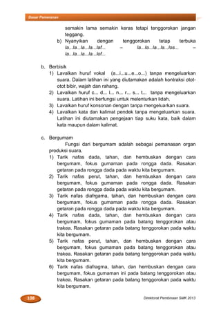 108 Direktorat Pembinaan SMK 2013
Dasar Pemeranan
semakin lama semakin keras tetapi tenggorokan jangan
teggang.
b) Nyanyikan dengan tenggorokan tetap terbuka
la...la...la...la...laf... – la...la...la...la...los... –
la...la...la...la...lof...
b. Berbisik
1) Lavalkan huruf vokal (a...i...u...e...o...) tanpa mengeluarkan
suara. Dalam latihan ini yang diutamakan adalah kontraksi otot-
otot bibir, wajah dan rahang.
2) Lavalkan huruf c... d... l... n... r... s... t... tanpa mengeluarkan
suara. Latihan ini berfungsi untuk melenturkan lidah.
3) Lavalkan huruf konsonan dengan tanpa mengeluarkan suara.
4) Lavalkan kata dan kalimat pendek tanpa mengeluarkan suara.
Latihan ini diutamakan pengejaan tiap suku kata, baik dalam
kata maupun dalam kalimat.
c. Bergumam
Fungsi dari bergumam adalah sebagai pemanasan organ
produksi suara.
1) Tarik nafas dada, tahan, dan hembuskan dengan cara
bergumam, fokus gumaman pada rongga dada. Rasakan
getaran pada rongga dada pada waktu kita bergumam.
2) Tarik nafas perut, tahan, dan hembuskan dengan cara
bergumam, fokus gumaman pada rongga dada. Rasakan
getaran pada rongga dada pada waktu kita bergumam.
3) Tarik nafas diafrgama, tahan, dan hembuskan dengan cara
bergumam, fokus gumaman pada rongga dada. Rasakan
getaran pada rongga dada pada waktu kita bergumam.
4) Tarik nafas dada, tahan, dan hembuskan dengan cara
bergumam, fokus gumaman pada batang tenggorokan atau
trakea. Rasakan getaran pada batang tenggorokan pada waktu
kita bergumam.
5) Tarik nafas perut, tahan, dan hembuskan dengan cara
bergumam, fokus gumaman pada batang tenggorokan atau
trakea. Rasakan getaran pada batang tenggorokan pada waktu
kita bergumam.
6) Tarik nafas diafragma, tahan, dan hembuskan dengan cara
bergumam, fokus gumaman ini pada batang tenggorokan atau
trakea. Rasakan getaran pada batang tenggorokan pada waktu
kita bergumam.
 