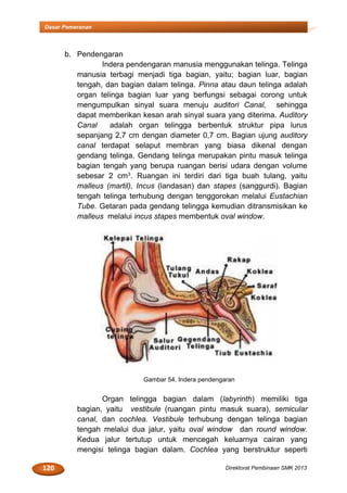 120 Direktorat Pembinaan SMK 2013
Dasar Pemeranan
b. Pendengaran
Indera pendengaran manusia menggunakan telinga. Telinga
manusia terbagi menjadi tiga bagian, yaitu; bagian luar, bagian
tengah, dan bagian dalam telinga. Pinna atau daun telinga adalah
organ telinga bagian luar yang berfungsi sebagai corong untuk
mengumpulkan sinyal suara menuju auditori Canal, sehingga
dapat memberikan kesan arah sinyal suara yang diterima. Auditory
Canal adalah organ telingga berbentuk struktur pipa lurus
sepanjang 2,7 cm dengan diameter 0,7 cm. Bagian ujung auditory
canal terdapat selaput membran yang biasa dikenal dengan
gendang telinga. Gendang telinga merupakan pintu masuk telinga
bagian tengah yang berupa ruangan berisi udara dengan volume
sebesar 2 cm3. Ruangan ini terdiri dari tiga buah tulang, yaitu
malleus (martil), Incus (landasan) dan stapes (sanggurdi). Bagian
tengah telinga terhubung dengan tenggorokan melalui Eustachian
Tube. Getaran pada gendang telingga kemudian ditransmisikan ke
malleus melalui incus stapes membentuk oval window.
Gambar 54. Indera pendengaran
Organ telingga bagian dalam (labyrinth) memiliki tiga
bagian, yaitu vestibule (ruangan pintu masuk suara), semicular
canal, dan cochlea. Vestibule terhubung dengan telinga bagian
tengah melalui dua jalur, yaitu oval window dan round window.
Kedua jalur tertutup untuk mencegah keluarnya cairan yang
mengisi telinga bagian dalam. Cochlea yang berstruktur seperti
 