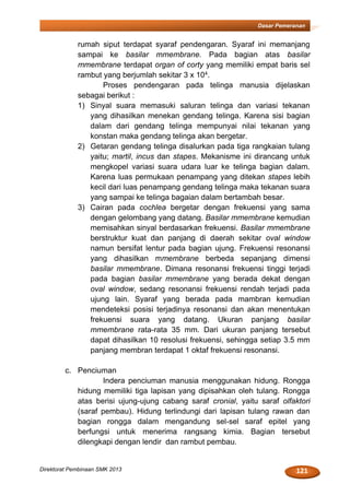 121Direktorat Pembinaan SMK 2013
Dasar Pemeranan
rumah siput terdapat syaraf pendengaran. Syaraf ini memanjang
sampai ke basilar mmembrane. Pada bagian atas basilar
mmembrane terdapat organ of corty yang memiliki empat baris sel
rambut yang berjumlah sekitar 3 x 104.
Proses pendengaran pada telinga manusia dijelaskan
sebagai berikut :
1) Sinyal suara memasuki saluran telinga dan variasi tekanan
yang dihasilkan menekan gendang telinga. Karena sisi bagian
dalam dari gendang telinga mempunyai nilai tekanan yang
konstan maka gendang telinga akan bergetar.
2) Getaran gendang telinga disalurkan pada tiga rangkaian tulang
yaitu; martil, incus dan stapes. Mekanisme ini dirancang untuk
mengkopel variasi suara udara luar ke telinga bagian dalam.
Karena luas permukaan penampang yang ditekan stapes lebih
kecil dari luas penampang gendang telinga maka tekanan suara
yang sampai ke telinga bagaian dalam bertambah besar.
3) Cairan pada cochlea bergetar dengan frekuensi yang sama
dengan gelombang yang datang. Basilar mmembrane kemudian
memisahkan sinyal berdasarkan frekuensi. Basilar mmembrane
berstruktur kuat dan panjang di daerah sekitar oval window
namun bersifat lentur pada bagian ujung. Frekuensi resonansi
yang dihasilkan mmembrane berbeda sepanjang dimensi
basilar mmembrane. Dimana resonansi frekuensi tinggi terjadi
pada bagian basilar mmembrane yang berada dekat dengan
oval window, sedang resonansi frekuensi rendah terjadi pada
ujung lain. Syaraf yang berada pada mambran kemudian
mendeteksi posisi terjadinya resonansi dan akan menentukan
frekuensi suara yang datang. Ukuran panjang basilar
mmembrane rata-rata 35 mm. Dari ukuran panjang tersebut
dapat dihasilkan 10 resolusi frekuensi, sehingga setiap 3.5 mm
panjang membran terdapat 1 oktaf frekuensi resonansi.
c. Penciuman
Indera penciuman manusia menggunakan hidung. Rongga
hidung memiliki tiga lapisan yang dipisahkan oleh tulang. Rongga
atas berisi ujung-ujung cabang saraf cronial, yaitu saraf olfaktori
(saraf pembau). Hidung terlindungi dari lapisan tulang rawan dan
bagian rongga dalam mengandung sel-sel saraf epitel yang
berfungsi untuk menerima rangsang kimia. Bagian tersebut
dilengkapi dengan lendir dan rambut pembau.
 