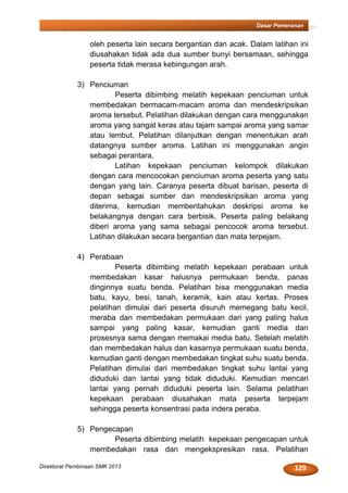 129Direktorat Pembinaan SMK 2013
Dasar Pemeranan
oleh peserta lain secara bergantian dan acak. Dalam latihan ini
diusahakan tidak ada dua sumber bunyi bersamaan, sehingga
peserta tidak merasa kebingungan arah.
3) Penciuman
Peserta dibimbing melatih kepekaan penciuman untuk
membedakan bermacam-macam aroma dan mendeskripsikan
aroma tersebut. Pelatihan dilakukan dengan cara menggunakan
aroma yang sangat keras atau tajam sampai aroma yang samar
atau lembut. Pelatihan dilanjutkan dengan menentukan arah
datangnya sumber aroma. Latihan ini menggunakan angin
sebagai perantara.
Latihan kepekaan penciuman kelompok dilakukan
dengan cara mencocokan penciuman aroma peserta yang satu
dengan yang lain. Caranya peserta dibuat barisan, peserta di
depan sebagai sumber dan mendeskripsikan aroma yang
diterima, kemudian memberitahukan deskripsi aroma ke
belakangnya dengan cara berbisik. Peserta paling belakang
diberi aroma yang sama sebagai pencocok aroma tersebut.
Latihan dilakukan secara bergantian dan mata terpejam.
4) Perabaan
Peserta dibimbing melatih kepekaan perabaan untuk
membedakan kasar halusnya permukaan benda, panas
dinginnya suatu benda. Pelatihan bisa menggunakan media
batu, kayu, besi, tanah, keramik, kain atau kertas. Proses
pelatihan dimulai dari peserta disuruh memegang batu kecil,
meraba dan membedakan permukaan dari yang paling halus
sampai yang paling kasar, kemudian ganti media dan
prosesnya sama dengan memakai media batu. Setelah melatih
dan membedakan halus dan kasarnya permukaan suatu benda,
kemudian ganti dengan membedakan tingkat suhu suatu benda.
Pelatihan dimulai dari membedakan tingkat suhu lantai yang
diduduki dan lantai yang tidak diduduki. Kemudian mencari
lantai yang pernah diduduki peserta lain. Selama pelatihan
kepekaan perabaan diusahakan mata peserta terpejam
sehingga peserta konsentrasi pada indera peraba.
5) Pengecapan
Peserta dibimbing melatih kepekaan pengecapan untuk
membedakan rasa dan mengekspresikan rasa. Pelatihan
 