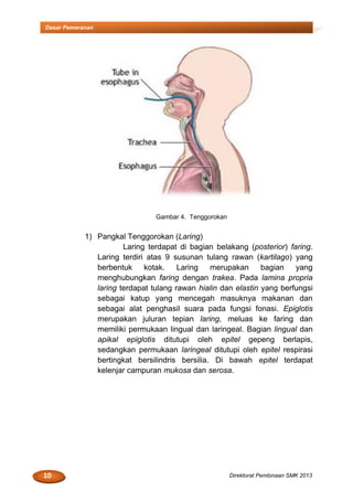 10 Direktorat Pembinaan SMK 2013
Dasar Pemeranan
Gambar 4. Tenggorokan
1) Pangkal Tenggorokan (Laring)
Laring terdapat di bagian belakang (posterior) faring.
Laring terdiri atas 9 susunan tulang rawan (kartilago) yang
berbentuk kotak. Laring merupakan bagian yang
menghubungkan faring dengan trakea. Pada lamina propria
laring terdapat tulang rawan hialin dan elastin yang berfungsi
sebagai katup yang mencegah masuknya makanan dan
sebagai alat penghasil suara pada fungsi fonasi. Epiglotis
merupakan juluran tepian laring, meluas ke faring dan
memiliki permukaan lingual dan laringeal. Bagian lingual dan
apikal epiglotis ditutupi oleh epitel gepeng berlapis,
sedangkan permukaan laringeal ditutupi oleh epitel respirasi
bertingkat bersilindris bersilia. Di bawah epitel terdapat
kelenjar campuran mukosa dan serosa.
 