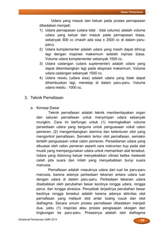 19Direktorat Pembinaan SMK 2013
Dasar Pemeranan
Udara yang masuk dan keluar pada proses pernapasan
dibedakan menjadi:
1) Udara pernapasan (udara tidal : tidal volume) adalah volume
udara yang keluar dan masuk pada pernapasan biasa,
sebanyak 500 cc (masih ada sisa ± 2500 cc di dalam paru-
paru).
2) Udara komplementer adalah udara yang masih dapat dihirup
lagi dengan inspirasi maksimum setelah inpirasi biasa.
Volume udara komplementer sebanyak 1500 cc.
3) Udara cadangan (udara suplementer) adalah udara yang
dapat dikembangkan lagi pada ekspirasi maksimum. Volume
udara cadangan sebanyak 1500 cc.
4) Udara residu (udara sisa) adalah udara yang tidak dapat
dihembuskan lagi, menetap di dalam paru-paru. Volume
udara residu : 1000 cc.
3. Teknik Pernafasan
a. Konsep Dasar
Teknik pernafasan adalah teknik memberdayakan organ
dan saluran pernafasan untuk menyimpan udara sebanyak
mungkin. Cara ini berfungsi untuk (1) meningkatkan volume
persediaan udara yang berguna untuk penguasaan vokal calon
pemeran, (2) mengembangkan stamina dan kelenturan otot yang
mengontrol pernafasan. Semakin lentur otot pernafasan, semakin
terlatih penguasaan vokal calon pemeran. Persedianan udara yang
dikuasai oleh calon pemeran seperti cara instrumen tiup pada alat
musik yang mempergunakan udara untuk memainkan alat tersebut.
Udara yang didorong keluar menyebabkan vibrasi ketika melewati
celah pita suara dan inilah yang menyebabkan bunyi suara
manusia.
Pernafasan adalah masuknya udara dari luar ke paru-paru
manusia, karena adanya perbedaan tekanan antara udara luar
dengan udara di dalam paru-paru. Perbedaan tekanan udara
disebabkan oleh perubahan besar kecilnya rongga udara, rongga
perut, dan tongga alveolus. Penyebab terjadinya perubahan besar
kecilnya rongga tersebut adalah karena adanya aktivitas otot
pernafasan yang meliputi otot antar tulang rusuk dan otot
diafragma. Secara umum proses pernafasan dibedakan menjadi
dua, yaitu (1) inspirasi atau proses pengisapan oksigen dari
lingkungan ke paru-paru. Prosesnya adalah otot diafragma
 