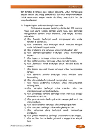 47Direktorat Pembinaan SMK 2013
Dasar Pemeranan
dan terletak di lengan atas bagian belakang. Untuk mengangkat
lengan bawah, otot bisep berkontraksi dan otot trisep berelaksasi.
Untuk menurunkan lengan bawah, otot trisep berkontraksi dan otot
bisep berelaksasi.
1) Bagian-bagian sistem otot rangka manusia
Otot rangka manusia jumlahnya lebih dari 600 macam,
mulai dari ujung kepala sampai ujung kaki, dan berfungsi
menggerakan seluruh tubuh manusia. Otot rangka manusia
antara lain:
a) Otot frontalis berfungsi untuk mengangkat alis mata,
terletak di sekitar alis.
b) Otot orbikularis okuli berfungsi untuk menutup kelopak
mata, terletak di kelopak mata.
c) Otot orbikularis oris berfungsi untuk mengkerutkan bibir.
d) Otot sternokleidomastoid berfungsi untuk memiringkan
kepala.
f) Otot trapezius berfungsi untuk memperkuat bahu.
g) Otot pektoralis major berfungsi untuk memutar lengan.
h) Otot pektoralis minor berfungsi untuk menarik bahu ke
bawah.
i) Otot triseps dan otot biseps berfungsi untuk menggerakan
lengan.
j) Otot serratus anterior berfungsi untuk menarik bahu
kesekeliling.
k) Otot interkosta berfungsi untuk mengangkat rusuk.
l) Otot rektus abdominis berfungsi untuk mengempiskan
dinding perut.
m) Otot sartorius berfungsi untuk memilin paha dan
membengkokan penggul dan lutut.
n) Otot guadriseps femoris berfungsi untuk menekuk pinggul
dan meluruskan lutut.
o) Otot gastroknemius berfungsi untuk mengangkat tumit dan
menekuk lutut.
p) Otot tibialis anterior berfungsi untuk mengangkat kaki.
q) Otot peroneus berfungsi untuk melengkungkan kaki.
r) Otot latissimus dorsi berfungsi untuk memperkuat
punggung.
s) Otot gluteus maksimus berfungsi untuk meluruskan pinggul.
t) Otot archiles tendon berfungsi untuk menggerakan telapak
kaki
 