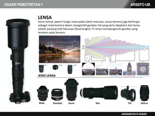 Sama halnya seperti fungsi mata pada tubuh manusia, Lensa kamera juga berfungsi
sebagai mata kamera dalam mengambil gambar, hal yang perlu dipahami dari lensa
adalah panjang titik fokusnya (focal lenght). FL lensa mempengaruhi gambar yang
terekam pada kamera
LENSA
JENIS LENSA
Wide Standart Zoom Tele Tilt Macro
 