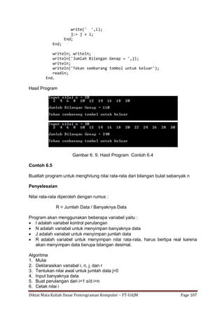 Diktat Mata Kuliah Dasar Pemrograman Komputer – FT-UAJM Page 107
write(' ',i);
j:= j + i;
End;
End;
writeln; writeln;
writeln('Jumlah Bilangan Genap = ',j);
writeln;
writeln('Tekan sembarang tombol untuk keluar');
readln;
End.
Hasil Program
Gambar 6. 9. Hasil Program Contoh 6.4
Contoh 6.5
Buatlah program untuk menghitung nilai rata-rata dari bilangan bulat sebanyak n
Penyelesaian
Nilai rata-rata diperoleh dengan rumus :
R = Jumlah Data / Banyaknya Data
Program akan menggunakan beberapa variabel yaitu :
 I adalah variabel kontrol perulangan
 N adalah variabel untuk menyimpan banyaknya data
 J adalah variabel untuk menyimpan jumlah data
 R adalah variabel untuk menyimpan nilai rata-rata, harus bertipa real karena
akan menyimpan data berupa bilangan desimal.
Algoritma
1. Mulai
2. Deklarasikan variabel i, n, j, dan r
3. Tentukan nilai awal untuk jumlah data j=0
4. Input banyaknya data
5. Buat perulangan dari i=1 s/d i=n
6. Cetak nilai i
 