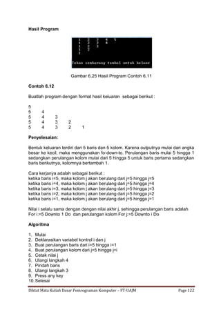 Diktat Mata Kuliah Dasar Pemrograman Komputer – FT-UAJM Page 122
Hasil Program
Gambar 6.25 Hasil Program Contoh 6.11
Contoh 6.12
Buatlah program dengan format hasil keluaran sebagai berikut :
5
5 4
5 4 3
5 4 3 2
5 4 3 2 1
Penyelesaian:
Bentuk keluaran terdiri dari 5 baris dan 5 kolom. Karena outputnya mulai dari angka
besar ke kecil, maka menggunakan fo-down-to. Perulangan baris mulai 5 hingga 1
sedangkan perulangan kolom mulai dari 5 hingga 5 untuk baris pertama sedangkan
baris berikutnya, kolomnya bertambah 1.
Cara kerjanya adalah sebagai berikut :
ketika baris i=5, maka kolom j akan berulang dari j=5 hingga j=5
ketika baris i=4, maka kolom j akan berulang dari j=5 hingga j=4
ketika baris i=3, maka kolom j akan berulang dari j=5 hingga j=3
ketika baris i=2, maka kolom j akan berulang dari j=5 hingga j=2
ketika baris i=1, maka kolom j akan berulang dari j=5 hingga j=1
Nilai i selalu sama dengan dengan nilai akhir j, sehingga perulangan baris adalah
For i:=5 Downto 1 Do dan perulangan kolom For j:=5 Downto i Do
Algoritma
1. Mulai
2. Deklarasikan variabel kontrol i dan j
3. Buat perulangan baris dari i=5 hingga i=1
4. Buat perulangan kolom dari j=5 hingga j=i
5. Cetak nilai j
6. Ulangi langkah 4
7. Pindah baris
8. Ulangi langkah 3
9. Press any key
10.Selesai
 
