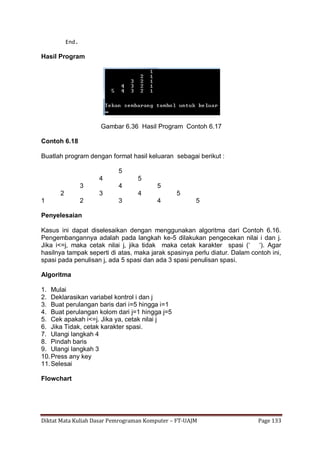 Diktat Mata Kuliah Dasar Pemrograman Komputer – FT-UAJM Page 133
End.
Hasil Program
Gambar 6.36 Hasil Program Contoh 6.17
Contoh 6.18
Buatlah program dengan format hasil keluaran sebagai berikut :
5
4 5
3 4 5
2 3 4 5
1 2 3 4 5
Penyelesaian
Kasus ini dapat diselesaikan dengan menggunakan algoritma dari Contoh 6.16.
Pengembangannya adalah pada langkah ke-5 dilakukan pengecekan nilai i dan j.
Jika i<=j, maka cetak nilai j, jika tidak maka cetak karakter spasi („ „). Agar
hasilnya tampak seperti di atas, maka jarak spasinya perlu diatur. Dalam contoh ini,
spasi pada penulisan j, ada 5 spasi dan ada 3 spasi penulisan spasi.
Algoritma
1. Mulai
2. Deklarasikan variabel kontrol i dan j
3. Buat perulangan baris dari i=5 hingga i=1
4. Buat perulangan kolom dari j=1 hingga j=5
5. Cek apakah i<=j. Jika ya, cetak nilai j
6. Jika Tidak, cetak karakter spasi.
7. Ulangi langkah 4
8. Pindah baris
9. Ulangi langkah 3
10.Press any key
11.Selesai
Flowchart
 