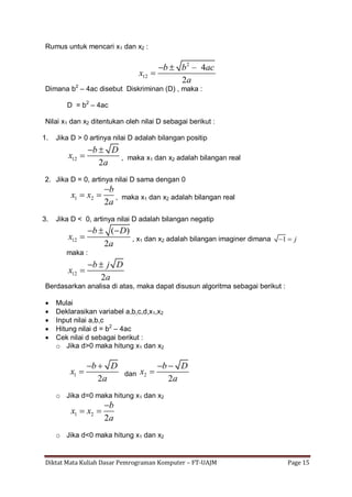 Diktat Mata Kuliah Dasar Pemrograman Komputer – FT-UAJM Page 15
Rumus untuk mencari x1 dan x2 :
2
12
2
– 4b
x
b
a
ac 

Dimana b2
– 4ac disebut Diskriminan (D) , maka :
D = b2
– 4ac
Nilai x1 dan x2 ditentukan oleh nilai D sebagai berikut :
1. Jika D > 0 artinya nilai D adalah bilangan positip
12
2
b D
x
a
 
 , maka x1 dan x2 adalah bilangan real
2. Jika D = 0, artinya nilai D sama dengan 0
1 2
2
b
x x
a

  , maka x1 dan x2 adalah bilangan real
3. Jika D < 0, artinya nilai D adalah bilangan negatip
12
( )
2
b D
x
a
  
 , x1 dan x2 adalah bilangan imaginer dimana 1 j 
maka :
12
2
b j D
x
a
 

Berdasarkan analisa di atas, maka dapat disusun algoritma sebagai berikut :
 Mulai
 Deklarasikan variabel a,b,c,d,x1,x2
 Input nilai a,b,c
 Hitung nilai d = b2
– 4ac
 Cek nilai d sebagai berikut :
o Jika d>0 maka hitung x1 dan x2
1
2
b D
x
a
 
 dan 2
2
b D
x
a
 

o Jika d=0 maka hitung x1 dan x2
1 2
2
b
x x
a

 
o Jika d<0 maka hitung x1 dan x2
 