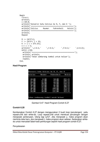 Diktat Mata Kuliah Dasar Pemrograman Komputer – FT-UAJM Page 158
Begin
clrscr;
writeln;
c:=10.0;
writeln('Konversi Suhu Celcius ke R, F, dan K ');
writeln('==========================================');
writeln('Celcius Reumer Fahrenheit Kelvin');
writeln('==========================================');
writeln;
Repeat
R := (4/5*c);
F := (9/5*c ) + 32;
K := ( c + 273.15);
c:= c + 5;
writeln(' ',c:6:2,' ',r:6:2,' ',f:6:2,' ',k:6:2);
Until c>50;
writeln('==========================================');
writeln; writeln;
writeln('Tekan sembarang tombol untuk keluar');
readln;
End.
Hasil Program
Gambar 6.47 Hasil Program Contoh 6.27
Contoh 6.28
Kembangkan Contoh 6.27 dengan menggunakan 2 buah loop (perulangan) yaitu
repeat-until dan while-do. Loop repeat-until untuk membuat perulangan dengan
menjawab pertanyaan, Ulang lagi (y/t)?. Jika menjawab y, maka program akan
meminta data baru, jika menjawab t, maka program akan selesai. Sedangkan while-
do untuk mencetak tabel hasil perhitungan seperti hasil program contoh 6.27.
Penyelesaian
 