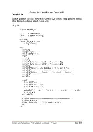 Diktat Mata Kuliah Dasar Pemrograman Komputer – FT-UAJM Page 163
Gambar 6.49 Hasil Program Contoh 6.28
Contoh 6.29
Buatlah program dengan mengubah Contoh 6.28 dimana loop pertama adalah
while-do dan loop kedua adalah repeat-until.
Program
Program Repeat_Until;
{File : Cnth629.pas}
{Oleh : Simon Patabang}
uses crt;
var c1,c2,r,f,k : real;
ulang : char;
Begin
writeln;
ulang:= 'y';
while ulang='y'do
Begin
clrscr;
writeln;
write(' Suhu Celcius awal = ');readln(c1);
write(' Suhu Celcius akhir = ');readln(c2);
writeln;
writeln('Konversi Suhu Celcius ke R, F, dan K ');
writeln('==========================================');
writeln('Celcius Reumer Fahrenheit Kelvin');
writeln('==========================================');
writeln;
repeat
R := (4/5*c1);
F := (9/5*c1 ) + 32;
K := ( c1 + 273.15);
writeln(' ',c1:6:2,' ',r:6:2,' ',f:6:2,' ',k:6:2);
c1:= c1 + 5;
Until c1>50;
writeln('==========================================');
writeln; writeln;
write('Ulang lagi (y/t)?'); readln(ulang);
end;
End.
 