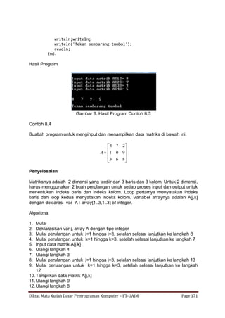 Diktat Mata Kuliah Dasar Pemrograman Komputer – FT-UAJM Page 171
writeln;writeln;
writeln('Tekan sembarang tombol');
readln;
End.
Hasil Program
Gambar 8. Hasil Program Contoh 8.3
Contoh 8.4
Buatlah program untuk menginput dan menampilkan data matriks di bawah ini.
4 7 2
1 0 9
3 6 8
A
 
   
  
Penyelesaian
Matriksnya adalah 2 dimensi yang terdiir dari 3 baris dan 3 kolom. Untuk 2 dimensi,
harus menggunakan 2 buah perulangan untuk setiap proses input dan output untuk
menentukan indeks baris dan indeks kolom. Loop pertamya menyatakan indeks
baris dan loop kedua menyatakan indeks kolom. Variabel arraynya adalah A[j,k]
dengan deklarasi var A : array[1..3,1..3] of integer.
Algoritma
1. Mulai
2. Deklarasikan var j, array A dengan tipe integer
3. Mulai perulangan untuk j=1 hingga j=3, setelah selesai lanjutkan ke langkah 8
4. Mulai perulangan untuk k=1 hingga k=3, setelah selesai lanjutkan ke langkah 7
5. Input data matrik A[j,k]
6. Ulangi langkah 4
7. Ulangi langkah 3
8. Mulai perulangan untuk j=1 hingga j=3, setelah selesai lanjutkan ke langkah 13
9. Mulai perulangan untuk k=1 hingga k=3, setelah selesai lanjutkan ke langkah
12
10.Tampilkan data matrik A[j,k]
11.Ulangi langkah 9
12.Ulangi langkah 8
 