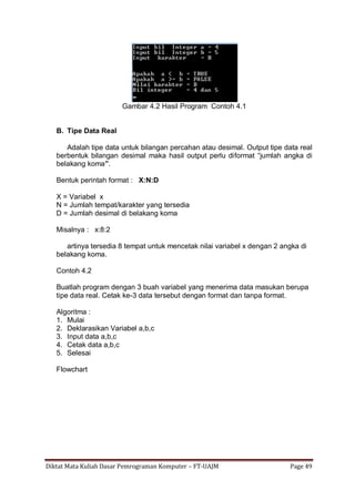 Diktat Mata Kuliah Dasar Pemrograman Komputer – FT-UAJM Page 49
Gambar 4.2 Hasil Program Contoh 4.1
B. Tipe Data Real
Adalah tipe data untuk bilangan percahan atau desimal. Output tipe data real
berbentuk bilangan desimal maka hasil output perlu diformat “jumlah angka di
belakang koma”.
Bentuk perintah format : X:N:D
X = Variabel x
N = Jumlah tempat/karakter yang tersedia
D = Jumlah desimal di belakang koma
Misalnya : x:8:2
artinya tersedia 8 tempat untuk mencetak nilai variabel x dengan 2 angka di
belakang koma.
Contoh 4.2
Buatlah program dengan 3 buah variabel yang menerima data masukan berupa
tipe data real. Cetak ke-3 data tersebut dengan format dan tanpa format.
Algoritma :
1. Mulai
2. Deklarasikan Variabel a,b,c
3. Input data a,b,c
4. Cetak data a,b,c
5. Selesai
Flowchart
 