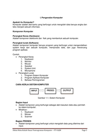 Diktat Mata Kuliah Dasar Pemrograman Komputer – FT-UAJM Page 5
I. Pengenalan Komputer
Apakah itu Komputer?
Komputer adalah alat bantu yang berfungsi untuk mengolah data berupa angka dan
teks menjadi sebuah informasi.
Komponen Komputer
Perangkat Keras (Hardware)
Adalah komponen elektronik dan fisik yang membentuk sebuah komputer.
Perangkat lunak (Software)
Adalah komponen komputer berupa program yang berfungsi untuk mengendalikan
system kerja dari sebuah komputer, memproses data, dan juga merancang
program aplikasi.
Contoh
 Perangkat Keras
1. Keyboard
2. Monitor
3. Mouse
4. Speaker
5. System Unit
6. Microphone
 Perangkat Lunak
1. Program Sistem Komputer
2. Program Aplikasi Komputer
3. Bahasa Pemrograman
CARA KERJA SISTEM KOMPUTER
Gambar 1.1. Sistem Komputer
Bagian Input
 Adalah komponen yang berfungsi sebagai alat masukan data atau perintah
ke dalam komputer.
 Misalnya :
1. Keyboard
2. Mouse
3. Scanner
Bagian PROSES
 Adalah komponen yang berfungsi untuk mengolah data yang diterima dari
input.
 