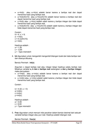 Diktat Mata Kuliah Dasar Pemrograman Komputer – FT-UAJM Page 55
 a:=ln(b) atau a:=ln(x) adalah benar karena a bertipe real dan dapat
menerima hasil yang bertipe real.
 a:=ln(b)/ln(10) atau a:=ln(x)/ln(10) adalah benar karena a bertipe real dan
dapat menerima hasil yang bertipe real.
 y:=ln(b) atau y:=ln(x) adalah salah karena y bertipe integer dan tidak dapat
menerima hasil yang bertipe real.
 y:=ln(b)/ln(10) atau y:=ln(x/ln(10) adalah salah karena y bertipe integer dan
tidak dapat menerima hasil yang bertipe real.
Contoh :
b:= 4; x := 9;
a := ln(b);
c:= ln (x)/ln(10);
y:= ln(b);
Hasilnya adalah :
a = 1.39
c = 0.95
y = Type mismatch
4. Int digunakan untuk mengambil mengambil bilangan bulat dari data bertipe real
dan sisanya dibuang.
Bentuk Perintah : int(x)
Argumen x dapat bertipe real atau integer tetapi hasilnya selalu bertipe real.
Misalnya variabel a, b dan c bertipe real sedangkan x dan y bertipe integer,
maka pernyataan:
 a:=int(b) atau a:=int(x) adalah benar karena a bertipe real dan dapat
menerima hasil yang bertipe real.
 y:=int(b) atau y:=int(x) adalah salah karena y bertipe integer dan tidak dapat
menerima hasil yang bertipe real.
Contoh :
b:= 4.32; x := 9;
a:=int(b);
c:=int(x);
y:=int(x);
Hasilnya adalah :
a = 4.00
c = 9.00
y = Type mismatch
5. Frac digunakan untuk mencari nilai pecahan dalam bentuk desimal dari sebuah
variabel bertipe integer atau pun real. Hasilnya adalah bilangan real.
Bentuk Perintah : frac(x)
 