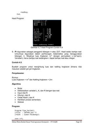 Diktat Mata Kuliah Dasar Pemrograman Komputer – FT-UAJM Page 59
readkey;
End.
Hasil Program
Gambar 4.7 Hasil Program Contoh 4.4
9. Pi digunakan sebagai pengganti bilangan π atau 22/7. Hasil selalu bertipe real.
Umumnya digunakan dalam perhitungan matematika yang menggunakan
bilangan π. Misalnya luas lingkaran πr2
dengan pernyataan L:=pi*sqr(r).
Variabel L harus bertipe real sedangkan r dapat bertipe real atau integer.
Contoh 4.5
Buatlah program untuk menghitung luas dan keliling lingkaran dimana nilai
masukan adalah jari-jari lingkaran.
Penyelesaian
Rumus :
Luas lingkaran = πr2
dan Keliling lingkaran = 2πr
Algoritma
 Mulai
 Deklarasikan variabel L, K, dan R dengan tipe real
 Input nilai R
 Hitung L dan K
 Cetak Hasil L dan K
 Hentikan proses sementara
 Selesai
Program
Program Tipe_Varibel;
(*File : CNTH45.pas *)
(*Oleh : Simon Patabang*)
uses crt;
 