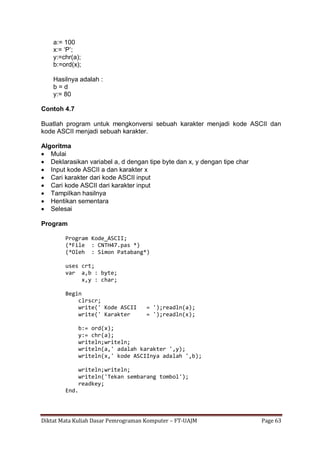 Diktat Mata Kuliah Dasar Pemrograman Komputer – FT-UAJM Page 63
a:= 100
x:= „P‟;
y:=chr(a);
b:=ord(x);
Hasilnya adalah :
b = d
y:= 80
Contoh 4.7
Buatlah program untuk mengkonversi sebuah karakter menjadi kode ASCII dan
kode ASCII menjadi sebuah karakter.
Algoritma
 Mulai
 Deklarasikan variabel a, d dengan tipe byte dan x, y dengan tipe char
 Input kode ASCII a dan karakter x
 Cari karakter dari kode ASCII input
 Cari kode ASCII dari karakter input
 Tampilkan hasilnya
 Hentikan sementara
 Selesai
Program
Program Kode_ASCII;
(*File : CNTH47.pas *)
(*Oleh : Simon Patabang*)
uses crt;
var a,b : byte;
x,y : char;
Begin
clrscr;
write(' Kode ASCII = ');readln(a);
write(' Karakter = ');readln(x);
b:= ord(x);
y:= chr(a);
writeln;writeln;
writeln(a,' adalah karakter ',y);
writeln(x,' kode ASCIInya adalah ',b);
writeln;writeln;
writeln('Tekan sembarang tombol');
readkey;
End.
 
